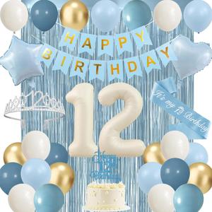 Trgowaul Happy 12th Birthday Decorations for Girls, Light Blue 12th Birthday Party Supplies, Banner, Sash and Crown, Cake Topper, 12 Number Balloon, Fringe Curtains, 12 Years Old Party Decorations Kit