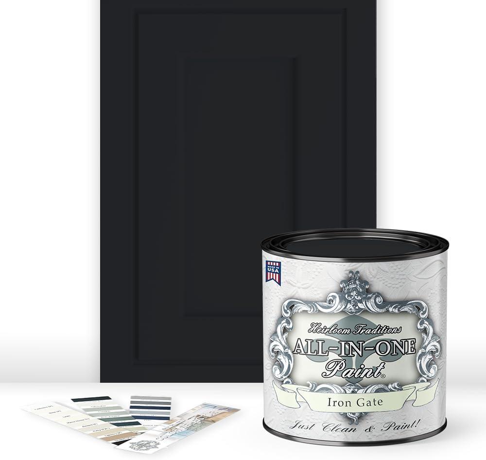 ALL-IN-ONE Paint by Heirloom Traditions, Iron Gate (Black), Quart - Durable cabinet and furniture paint. Built in primer and top coat, no sanding needed. Includes our 30 featured color card (32 Fl Oz (Pack of 1))