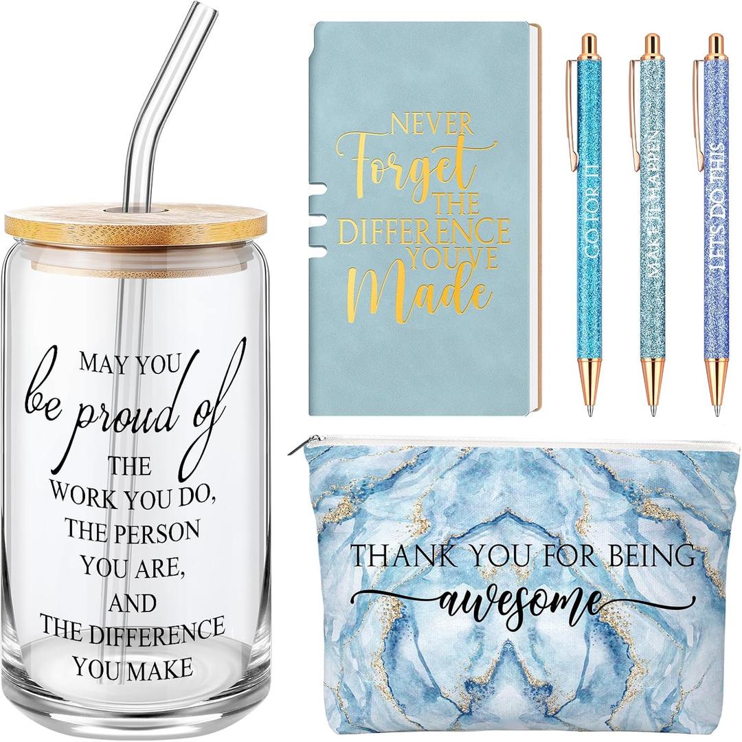 Funnymoom 6 Pcs Thank You Gifts Set for Women Teacher Appreciation Nurse Week Gifts 2026 Inspirational Difference Maker 17 oz Glass Makeup Bag Journal for Coworker Employee Graduation (Marble,Blue)