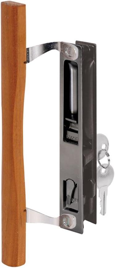 Prime-Line C 1032 Keyed Sliding Glass Door Handle Set  Replace Old or Damaged Door Handles Quickly Wood and Black Painted Diecast, Hook Style, Flush Mount, Fits 6-5/8 in. Hole Spacing (1 Set)