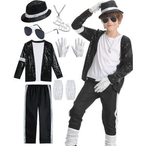 8 Pcs 80s 90s Dance Star Costume for Kids Pop Stage Cosplay Halloween with Accessories Set (8-10 Years)
