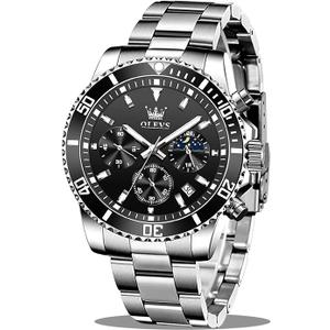 OLEVS Watches for Men, Mens Silver Watch Black Face,Mens Luxury Stainless Steel Dress Waterproof Men's Wrist Watch Chronograph Moon Phase Black Watches for Men with Date Relojes Para Hombres