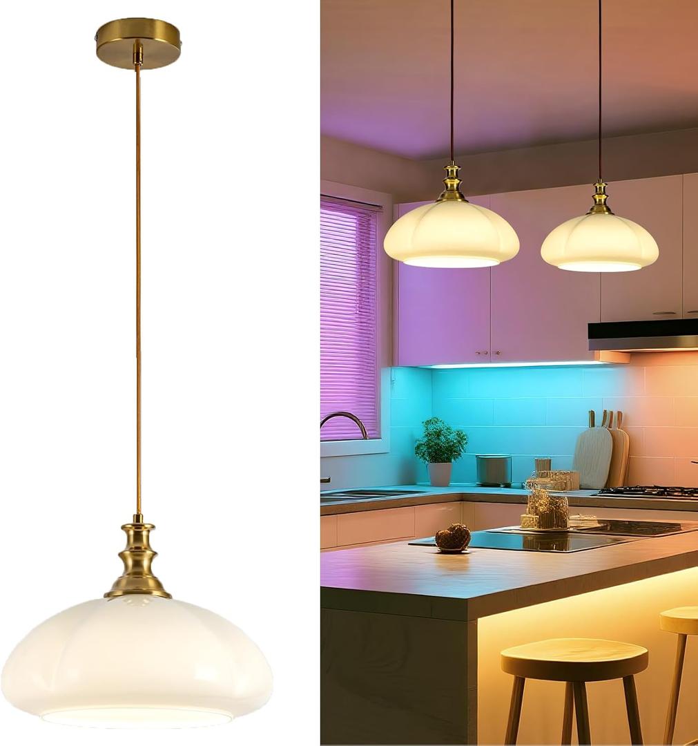 Modern Style Battery Operated Pendant Light,Battery Ceiling Light with Rechargeable Bulbs Remote Control 9 Colors Modes Dimmable Kitchen Island Bedroom Dining Room (Beige)