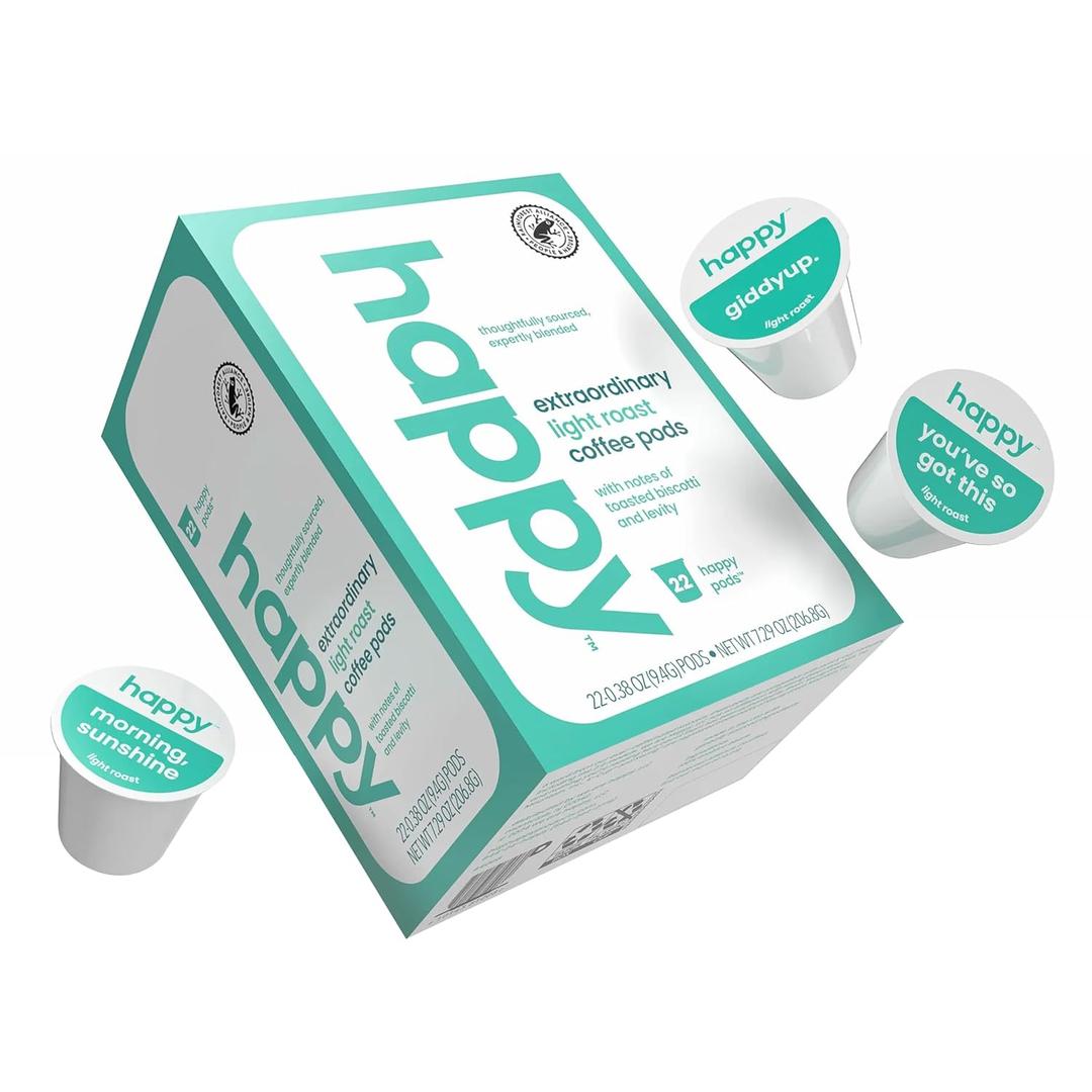 happy coffee light roast coffee pods, 22 count, notes of toasted biscotti and levity, compatible with most K-cup brewers, rainforest alliance certified (EXP 07/12/26)