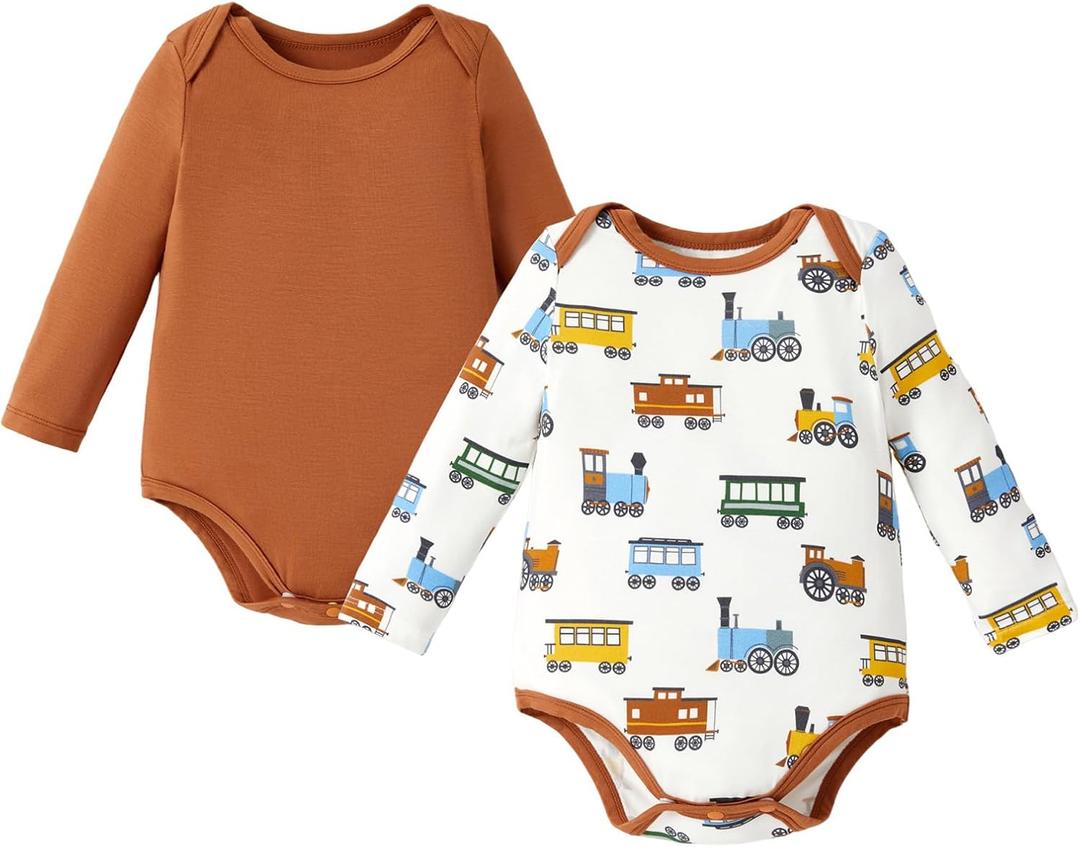 PATPAT Baby Bodysuits - Soft Viscose Made from Bamboo - Long Sleeve Funny for Boys and Girls -Newborn Infant Toddler Clothes (3-6 Months, Brown Car)