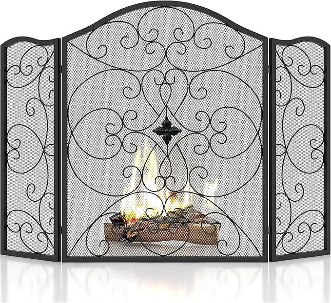 Fireplace Screen 3 Panel Wrought Iron 50"(L) x 36"(H) Modern Stylish Foldable Safety Fire Place Fence Spark Guard Cover Black