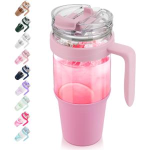 Tronco 40 oz Glass Tumbler with Straw and Lid, Leak-proof Flip Straw, Reusable Iced Coffee Cup with Handle, Glass Water Bottles Fits in Cup Holder, Lead-Free, BPA-Free