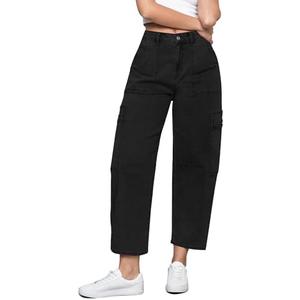 GRAPENT Barrel Jeans for Women Trendy High Waisted Cropped Cargo Pocket Baggy Stretch Denim Pants Wide Leg Tapered Jeans 2XL