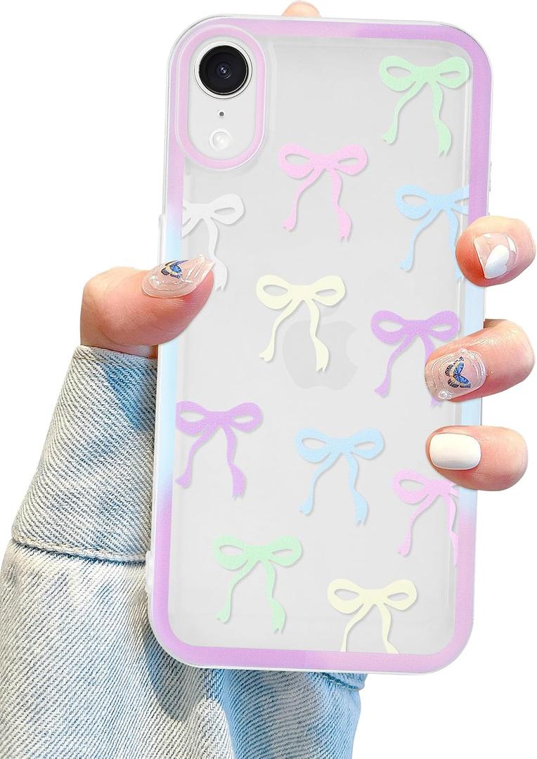 Jusy Compatible with iPhone XR Bow Phone Case, Cute Clear Ribbon Bowknot Pattern Aesthetic Soft TPU Transparent Cases - Colorful