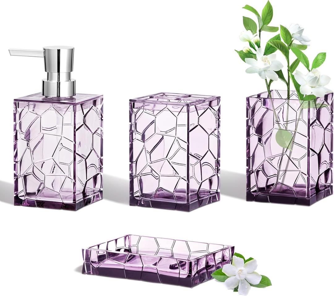 HBlife Bathroom Accessories Set, Lavender Purple Acrylic Bathroom Counter Set with Toothbrush Holder, Soap Dispenser, Tumbler, Soap Dish, Boho Modern Bathroom Decor, Ideal Gift Choice
