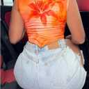 Women's Y2K Floral Graphic Ruched Tank Top Mock Neck Sleeveless Fitted Crop Tops (L)