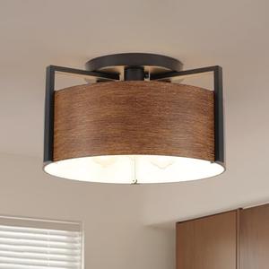 15'' Farmhouse Semi Flush Mount Ceiling Light, 3-Light Rustic Hallway Entryway Light Fixtures, Metal Wood Grain Finish Close to Ceiling Lights for Kitchen Dining Room Bedroom Living Room Foyer, Brown