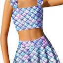 Arshiner Girls Swimsuit 3 Piece Bathing Suits Cute Bikini Tankini Sets Teen Ruffle Swimwear with Cover Up Skirt (Mermaid Blue, 9-10 Years)