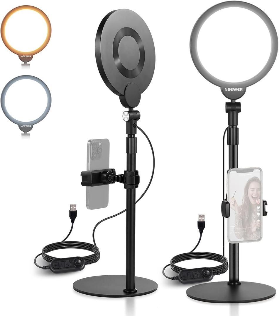 NEEWER Basics 2 Pack 7" Desk Ring Lights for Video Recording, 10W Dimmable Full Screen Key Lighting with Stands & Phone Holders for iPhone Computer Laptop Vlog Live Streaming Video Conference, R06