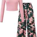 Girl's 2 Piece Outfits Long Sleeve Crewneck T Shirt and Wide Leg Camo Pants Set Casual Streetwear (11Y)