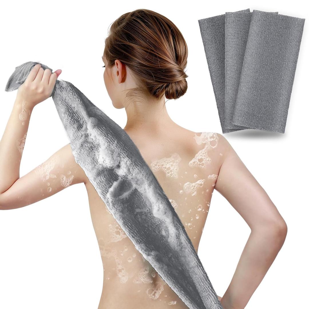 ARCH&M Exfoliating Washcloth Body Scrubber - 3 Pack Japanese Korean Spa Style Bath Towel for Dead Skin Removal, Extra Long 35 Back Scrubber with Premium Nylon Mesh for Smooth Glowing Skin (Gray x 3)