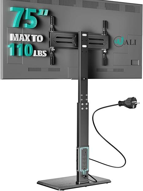 WALI Floor TV Stand with Power Outlet, Tall TV Stand Mount for 32-75 inch TV up to 110 lbs, Swivel and Height Adjustable TV Stands with Wood Base for Bedroom, Office(TVDVD-7P), Black