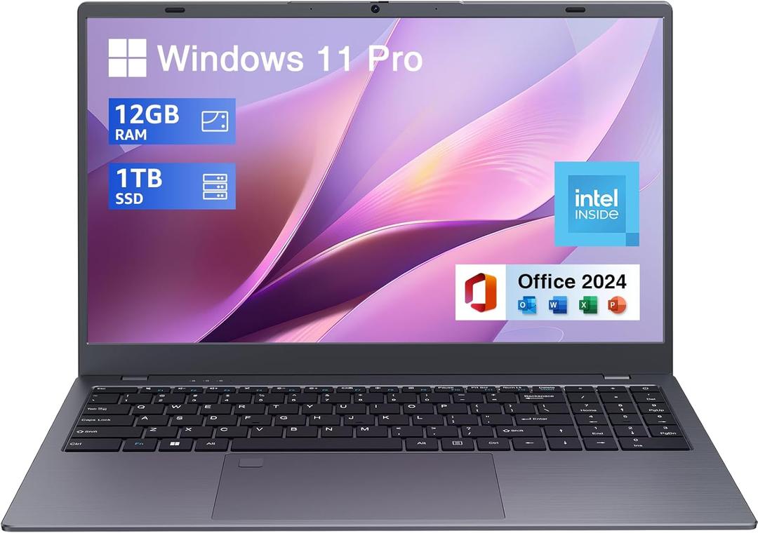 Laptop Computer 15.6 inch, Intel Quad Core N95, 12GB LPDDR5 RAM 1TB NVMe SSD Laptop with FHD IPS Display, WiFi 5, BT5.0, USB Type C and Fingerprint, Windows 11 Pro (Gray)