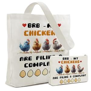 LARIAU Chicken Canvas Tote Bag for Women, Friends, Chicken Lovers, Gifts for Women, Canvas Tote Bag with Makeup Bag for Travel, Work