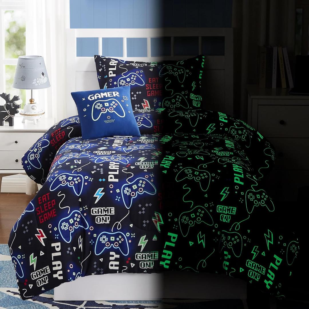 Kaleido Space Kids Comforter Set Twin Size for Boys, Glow in The Dark Gamer Bedding Set 1 Comforter, 1 Decor Pillow, 1 Pillow Sham, Twin XL Comforter Set