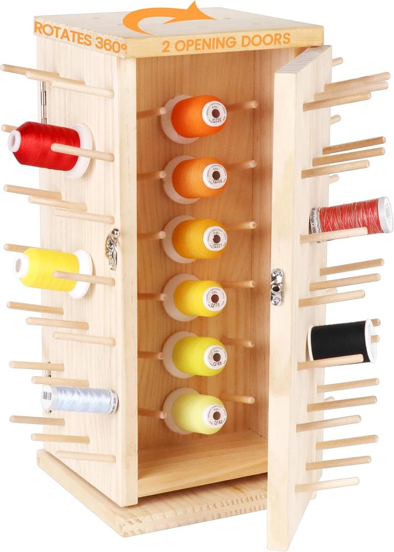 New brothread 129 Spools(DIY) 360° Fully Rotating Wooden Thread Rack/Thread Holder Organizer with Double Doors(Inner Space Hold ≤ 500M Thread Spools) for Sewing, Quilting, Embroidery, Hairbraiding