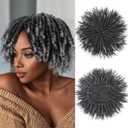 QUEENTAS Curly Toupee for Men and Women 10" Hair Pieces Dreadlock Hair 3603D Cover Knotless Afro Braided Synthetic Hair Topper with 3 Clips(Grey Mixed Black 1B/60)