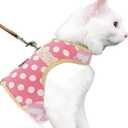 Cat Harness and Leash for Walking Escape Proof, Adjustable Cat Walking Jackets, Padded Stylish Cat Vest Polka Dot Pink, Large