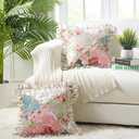 Brilliant Sunshine Peach and Olive Flowers Patchwork Ruffle Pillowshams, Quilted Decorative Pillow Covers Set, Square Throw Cushion Cases for Couch, Chair, Car, Bed, 18x18, Pack of 2, Peach Olive