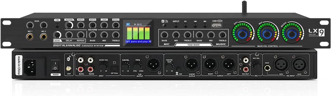 LX9 Professional KTV Digital Pre-stage Effector Anti-howling Audio Processor Echo USB MP3 Bluetooth Optical,5 Mic Inpout For Household Reverberator Karaoke,Stage,Church, Performance