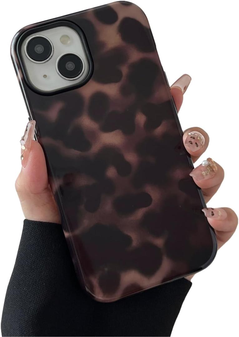 Compatible with iPhone 13 Case Tortoise Shell Phone Case for Women Girl Shockproof TPU and Hard PC Protective Cover - Amber Brown Leopard