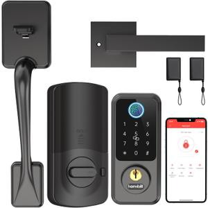 Hornbill Smart Lock Front Door - Keyless Entry Door Lock with Handle Set, Smart Deadbolt for Front Door, Bluetooth Fingerprint Biometric Auto Lock for New House, Airbnb, Office, Appartment (Matte Black)