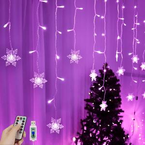 Snowflake Window Curtain Lights, 13ft 96 LED Snowflake Christmas Icicle Lights with Remote,18 Drops,8 Modes Twinkle Fairy Light for Christmas Tree,Bedroom,House, Holiday,Yard Decoration (Purple)