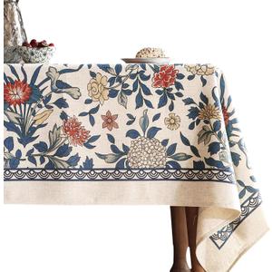 patdrea Designer Blue Tablecloth for Rectangle Tables,Vintage Linen with Leaves and Flowers Pattern Tablecloths,Farmhouse Floral Table Cover Cloth Decor for Kitchen Dining Christmas,55"*71"