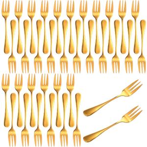 36 Pcs Gold Stainless Steel Dessert Forks, 3-Tine Mini Oyster Fork Appetizer Seafood Cocktail Salad Fruit Tableware, 5.6 Inch Elegant Mirror Polished for Party Travel Picnic Buffet Wedding