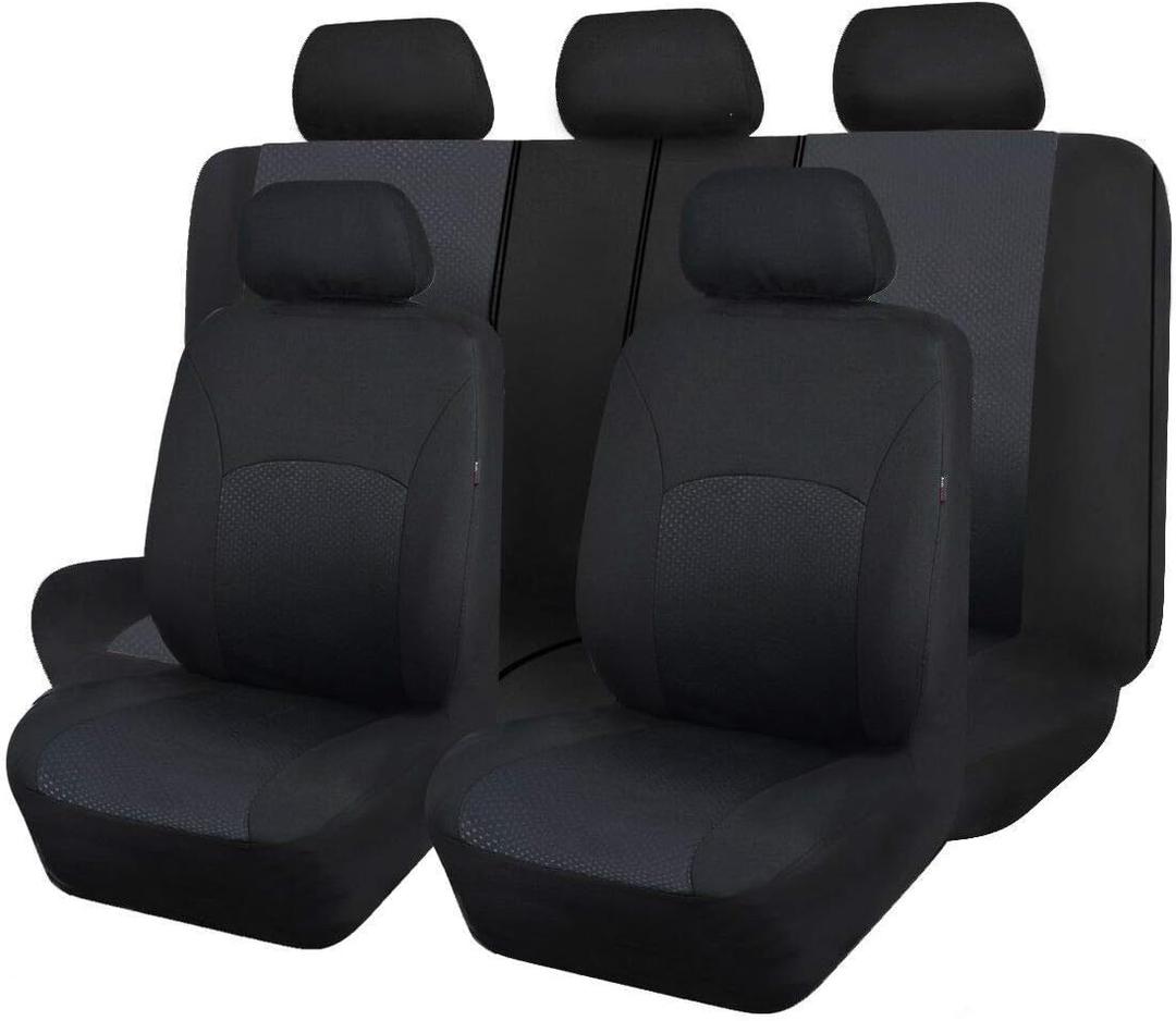 Flying Banner Car Seat Covers Set Front Seats and Rear Bench Polyester Cover Embossed Fabric Block Pattern Black