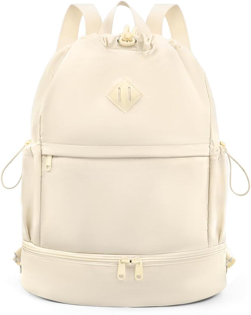 Drawstring Backpack Sports Gym Bag with Shoe Compartment and Wet Pocket String Swim Bag for Women Men Beach Backpack, Beige