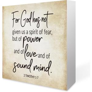 Inspirational Bible Verse For God Has Not Given Us A Spirit Of Fear Wooden Box Sign 2 Timothy 1:7 Rustic Scripture Wood Block Plaque Box Sign for Home Office Shelf Table Decoration, Christian Gifts