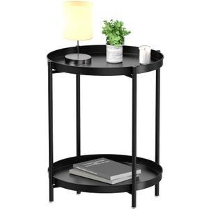 EKNITEY 2 Tier End Table - Metal Side Table Waterproof Small Sofa Coffee Side Tables Bedroom Indoor Outdoor with Removable Tray for Living Room Bedroom Balcony and Office (Black)