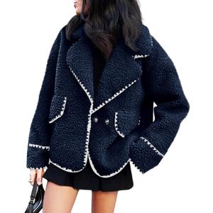 Cicy Bell Womens Sherpa Fleece Jacket Casual Collar V Neck Fuzzy Coats Contrast Trims Open Front Winter Outwear L