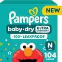 Pampers Diapers - Baby Dry - Size 0, 104 Count, Absorbent Disposable Newbort Diaper (Packaging May Vary) (Newborn)