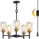 HOXIYA DIMMABLE PRE-Wired Plug in Chandelier with Clear Glass Shade Cord, 5 Light Modern Island Farmhouse Light Fixture, Black and Gold Pendant Ceiling Hanging Lighting for Dining Room