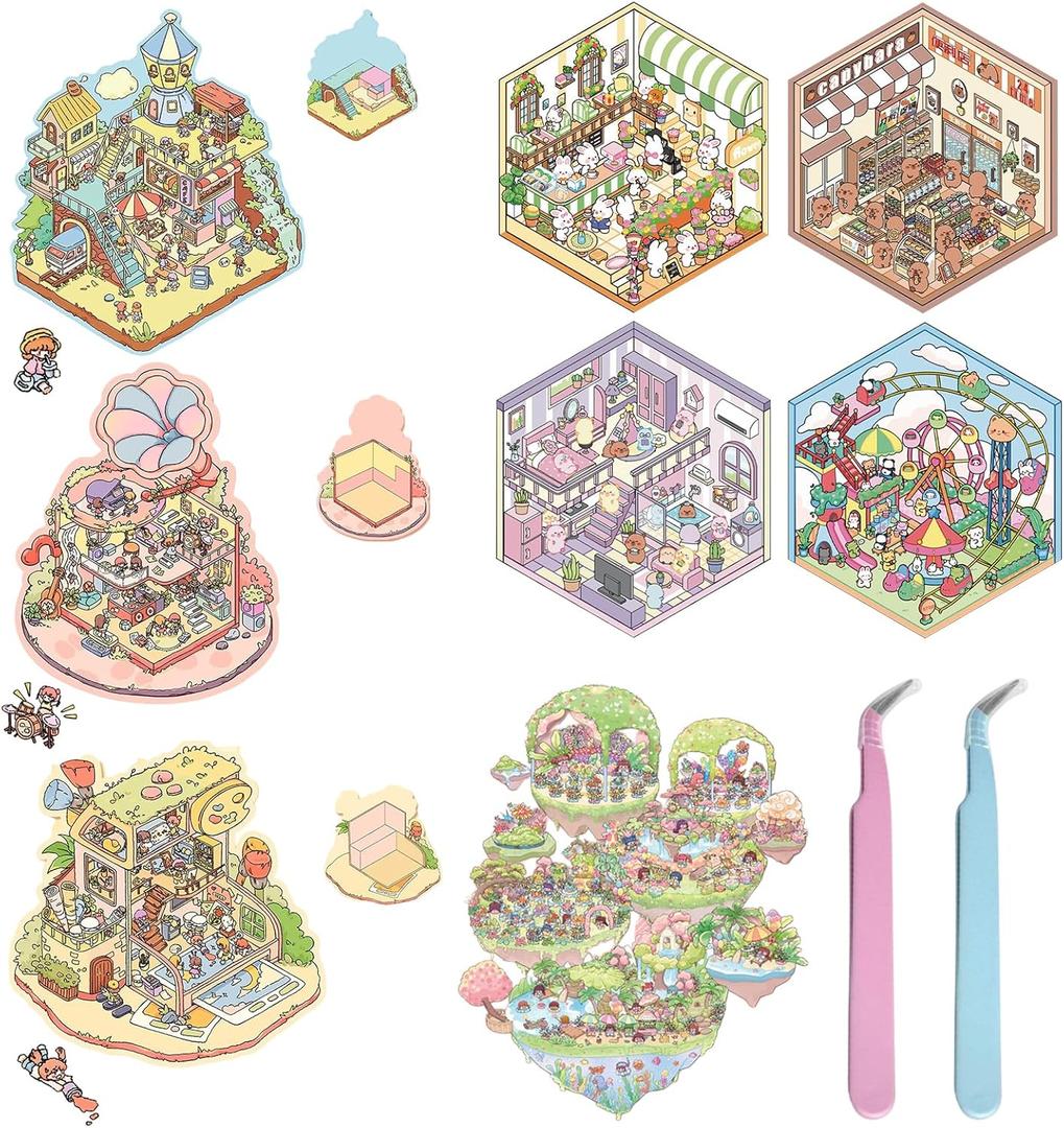 3D Scene Stickers, 8 Sets Multi Themed Cartoon DIY Handcraft 3D House Stickers Therapy for Adult, Cute Cartoon Animal Sticker for Adult Relief Stress Pass The Time