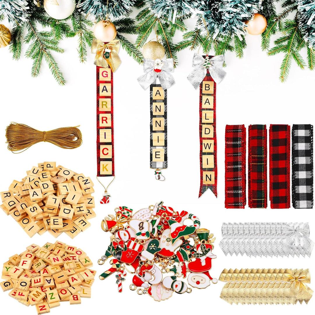 Waydress 266 Pcs Christmas Ornaments Tree Decorations Christmas Personalized Crafts Wooden Letter Block DIY Ribbon Rustic Bow Pendant Stockings Name Tags Hanging for Xmas Crafts Making (Classic Style)