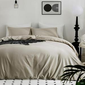 JELLYMONI Cotton Duvet Cover Queen Size - 100% Washed Cotton Comforter Cover, 3 Pieces Breathable Soft Bedding Set with Zipper Closure (Linen Grey, Queen 90"x90")