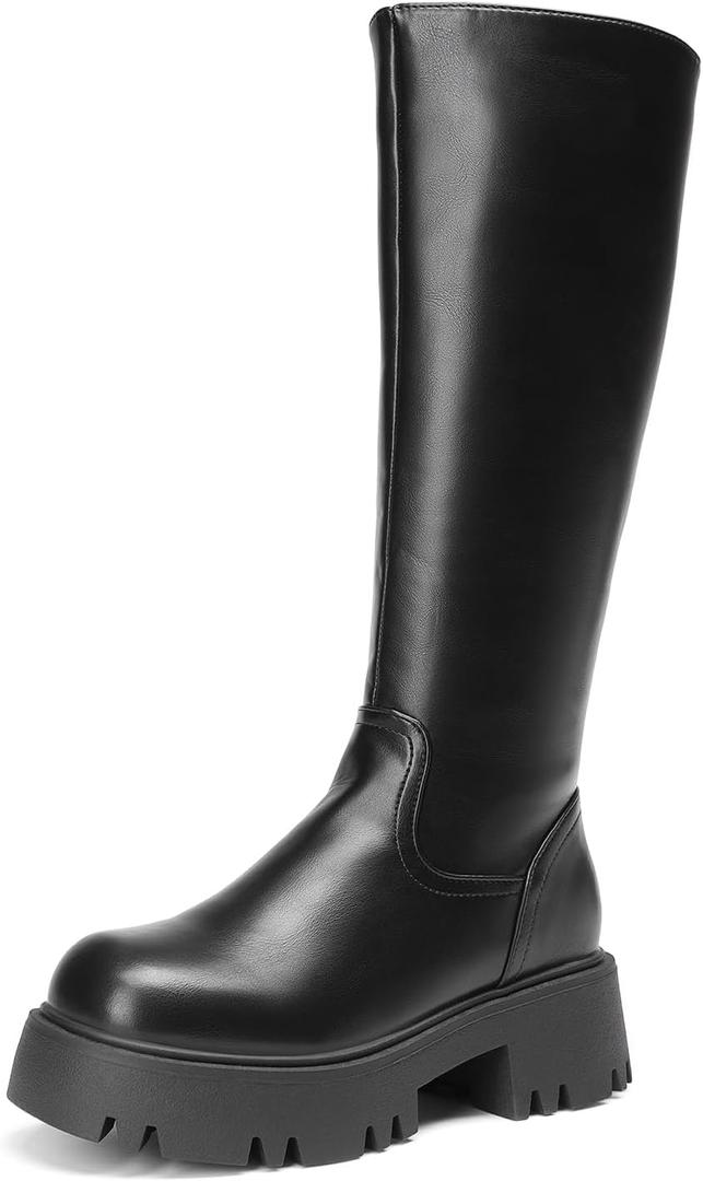 DREAM PAIRS Knee High Boots, Comfortable Chunky Platform Round-Toe Side Zip Boots for Women (10, Black)