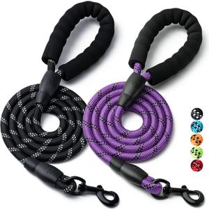 2 Pack Dog Leash, 4/5//6 FT Heavy Duty Nylon Rope Pet Leashes with Comfortable Padded Handle, Reflective Dog Leashes for Small Medium and Large Dogs (5FT-3/8,Black/Purple)
