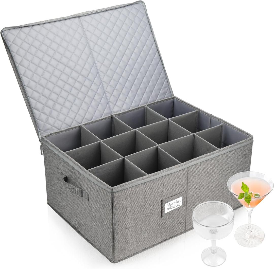 LotFancy Stemware Storage Container for Moving, Hard Shell, Wide Wine Glass Storage Box with Dividers & Handles, Stackable, Foldable Crystal Glassware Case, 21x15.5x10, Grey (Gray)