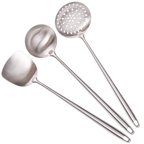 17” Wok Spatula and Ladle, Skimmer Spoon - 304 Stainless Steel Wok Tools Set, 3-Pieces Extra Long Handle Cooking Tools, All Metal Wok Utensils and Wok Accessories for Cast Iron/Carbon Steel Wok