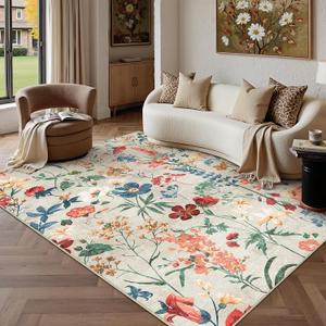 PureCozy Beige Area Rug 5x7 Floral Washable Living Room Kitchen Boho Carpet Non Slip Low Pile Indoor Accent Lightweight Soft Throw Rug for Bedroom Office Dining Room Nursery Farmhouse
