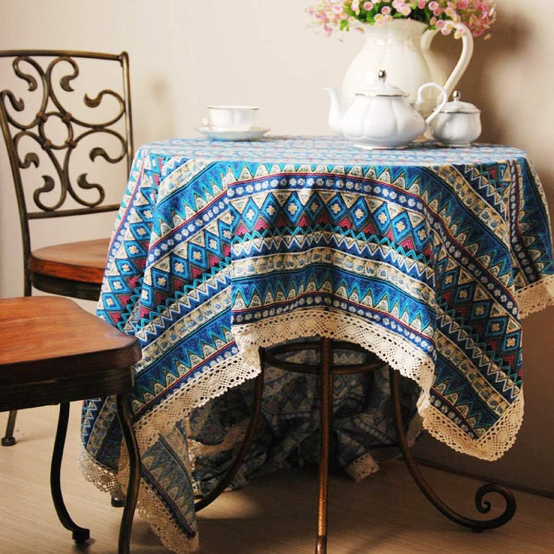 Elome 55 Inch Square Bohemian Style Tablecloth, Washable Vintage Cotton Linen Lace Dinner Picnic Indoor Outdoor Table Cloth Home Decor Cover Navy